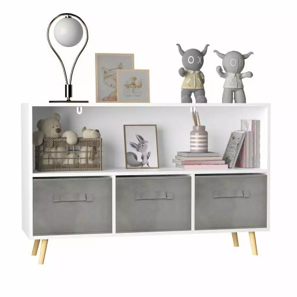 Kids Bookcase Collapsible Fabric Drawers Children's Toy Storage Cabinet Organizer White Gray Malulu