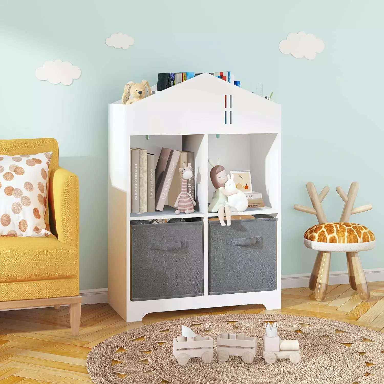 Kids Dollhouse Bookcase 2 Cubby Toddler Bookshelf Collapsible Fabric Drawers Storage Display Organizer Maylaviu