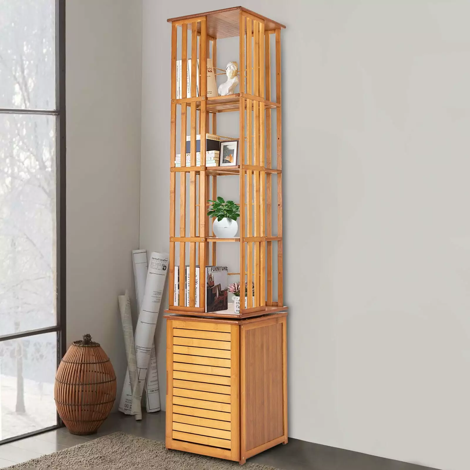 6-Tier Rotating Bookshelf Bamboo Corner Storage Display Rack Free Standing Shelves Living Room Study Room Office Miumaeov