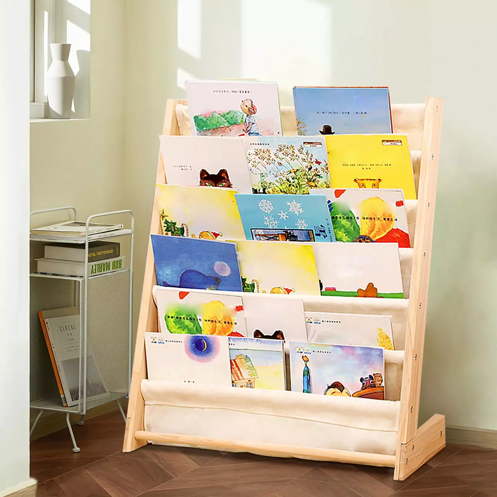 Miumaeov Kids Bookshelf 6-Layer Sling Book Rack Shelf Organizer Bedroom Playroom Toy Storage Beige