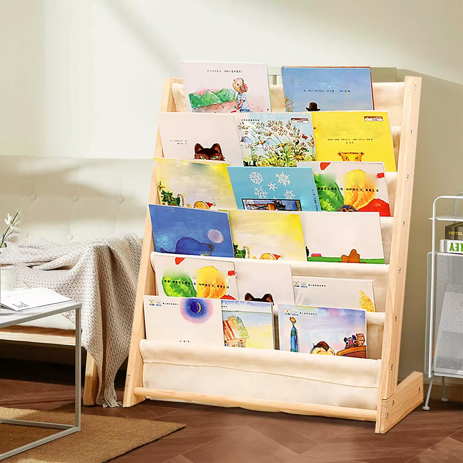 6 Tier Wooden Bookcase Children's Magazine Shelf Organizer Canvas Shelves Miumaeov