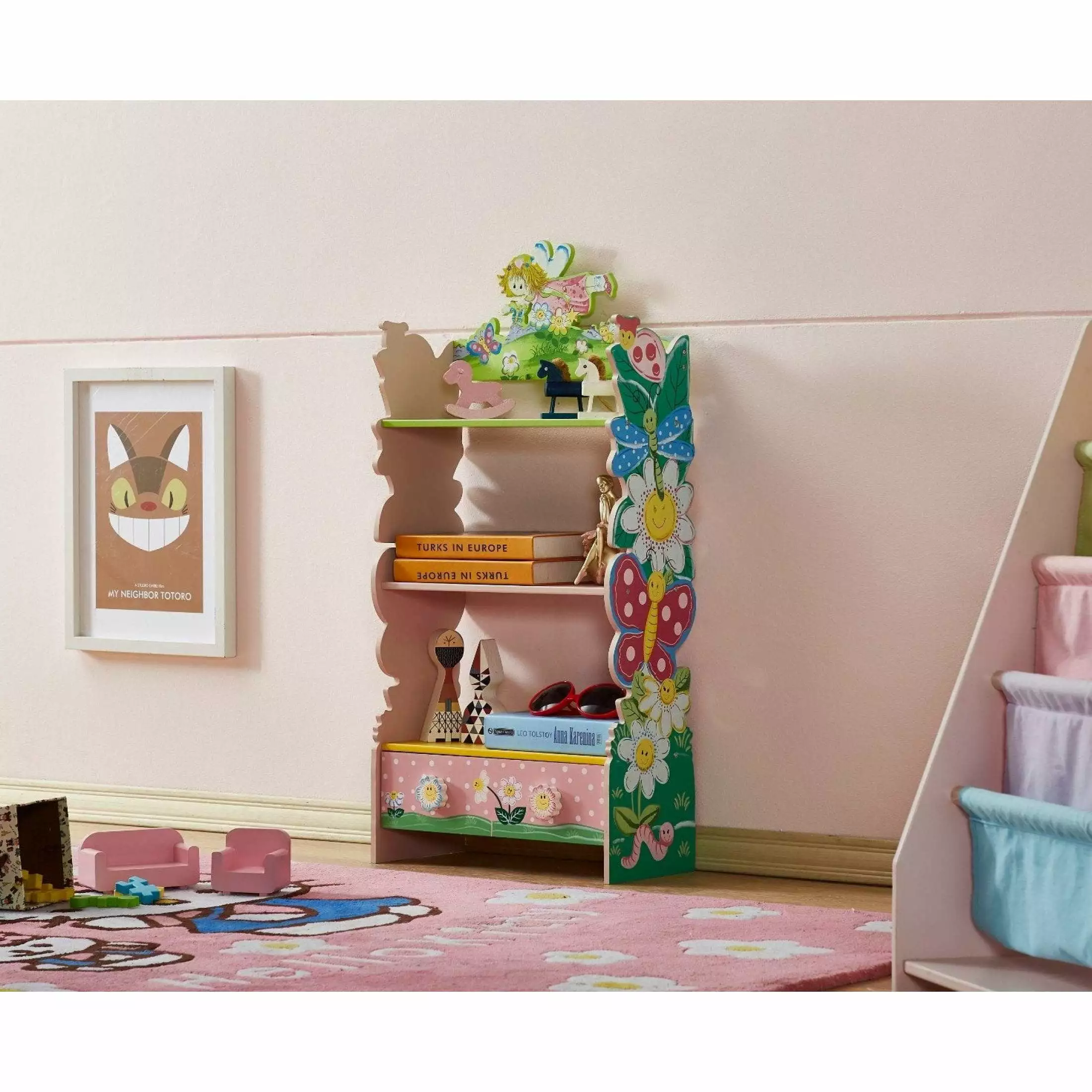 Newboti Furniture Kids Funnel Olivia Fairy Girls Hand Painted 3 Tier Flower Bookcase Drawers