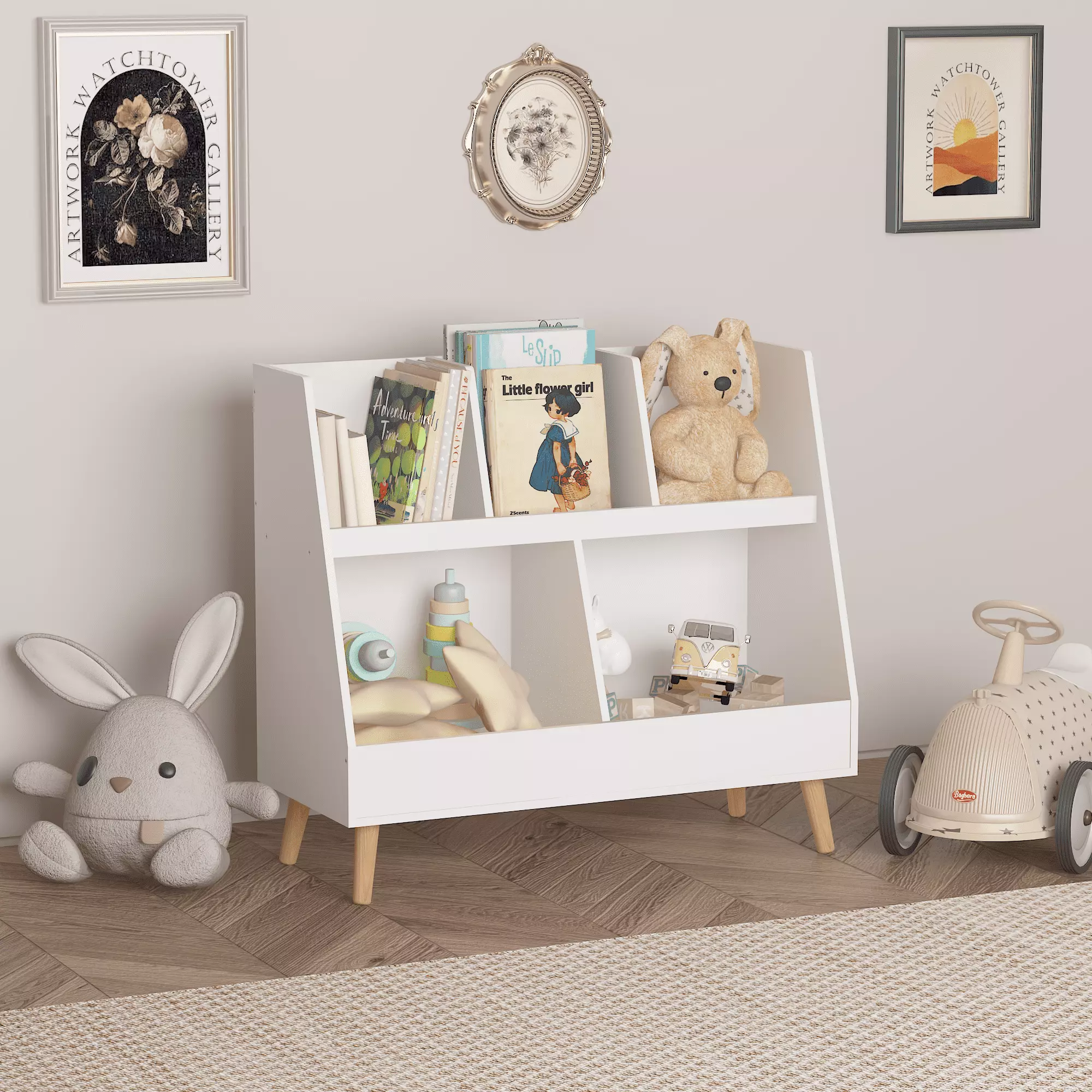 Newboti Kids Bookshelf and Toy Organizer 5 Cubbies Wooden Open Bookcase 2-Tier Baby Storage Display Organizer White Newbot...