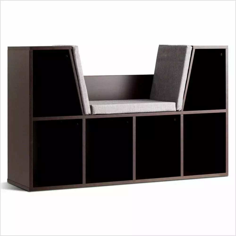 6 Cubby Kid Reading Corner Cabinet Cushioned Seat Bookcase Storage Shelf Brown phospheye