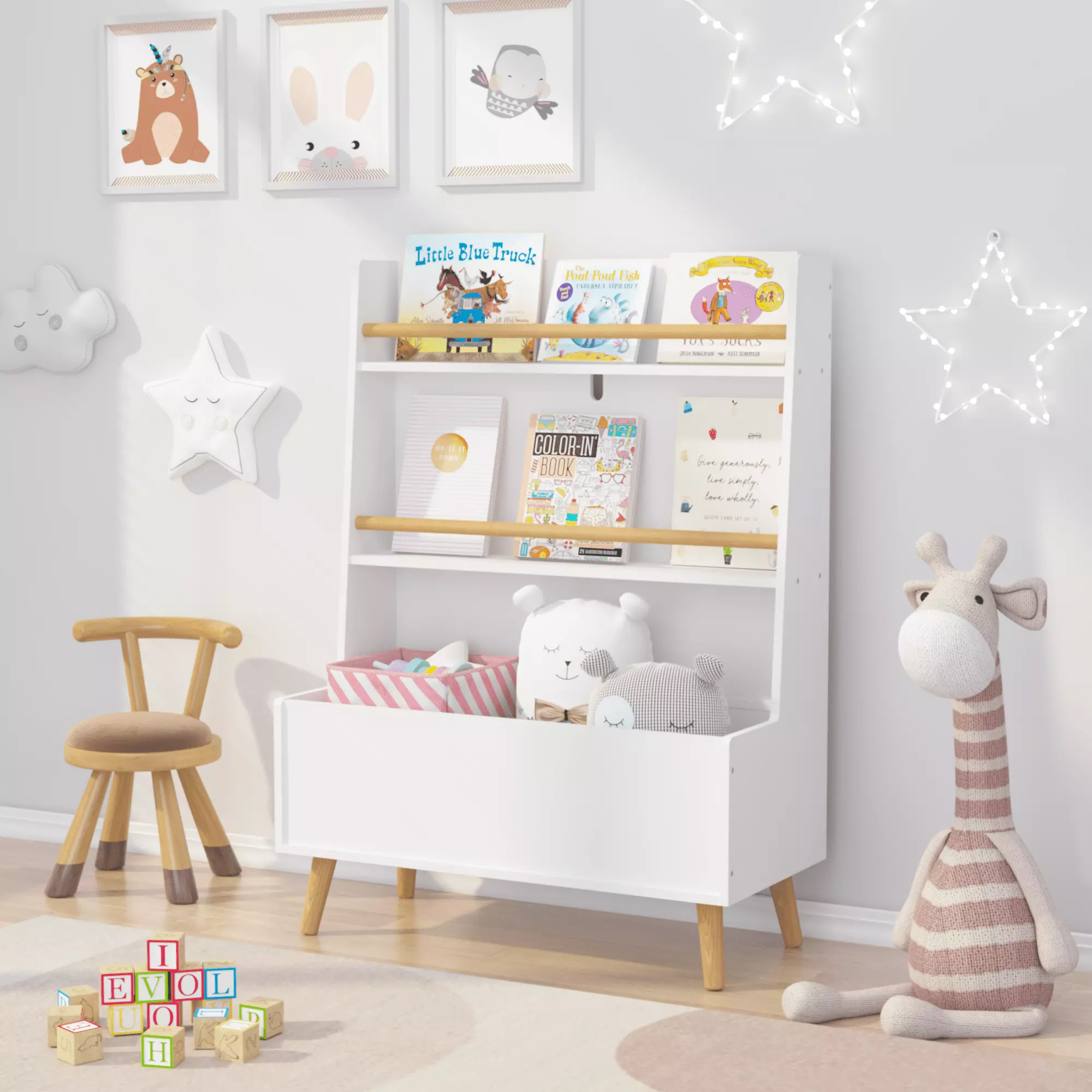 PORKISS Wooden Kids Bookcase Toy Storage Cabinet 2 Shelves Freestanding Bookshelf Organizer Bedroom Playroom White