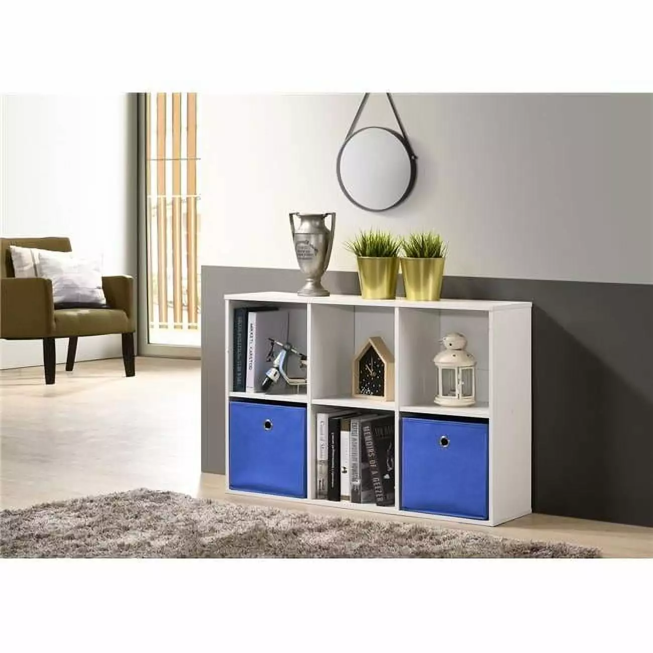 36 . Composite 6-Shelf Bookcase Fabric Baskets 6 Cube Organizer White Procomfort