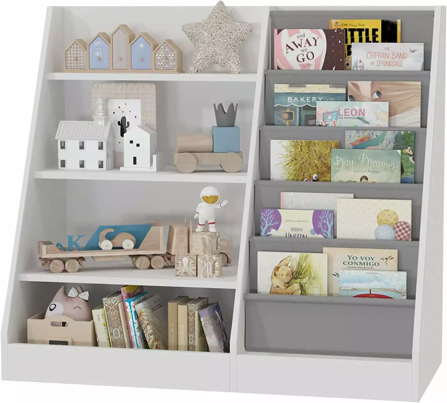 4 Tier Kids Wooden Bookshelf 5 Layer Sling Toddler Bookcase Toy Organizer QIANGLING