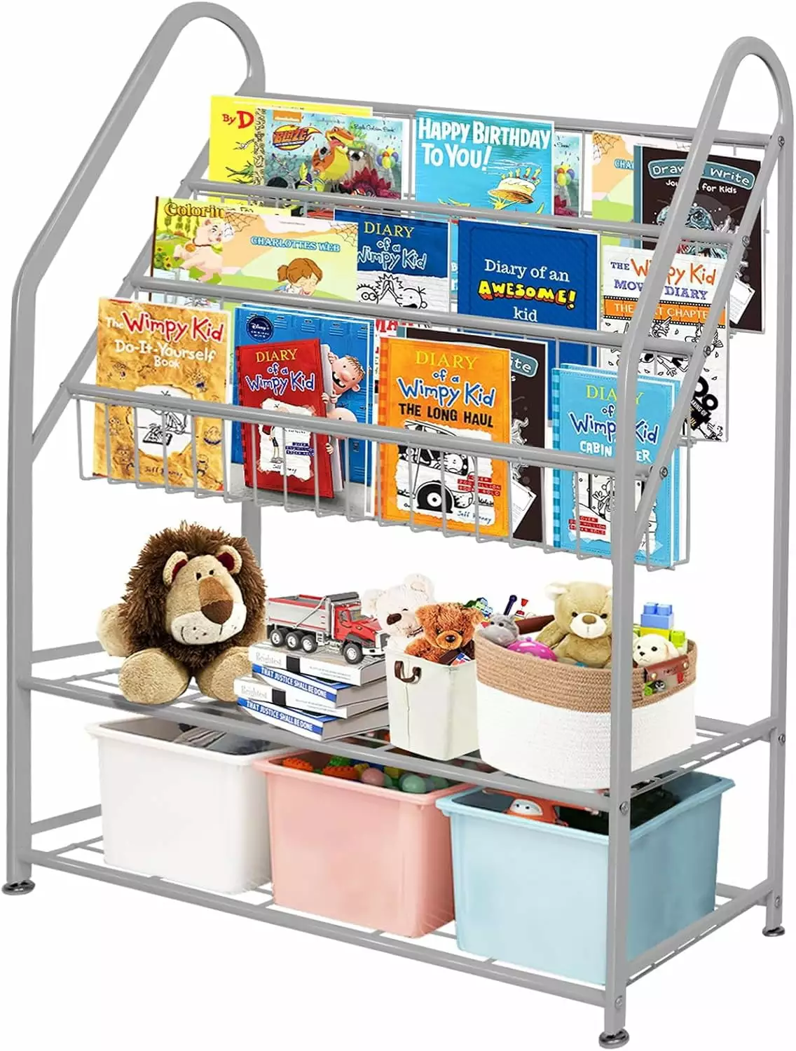 Metal Kids Bookshelf Grey Bookcase Large Freestanding Toy Organizer Q&Q