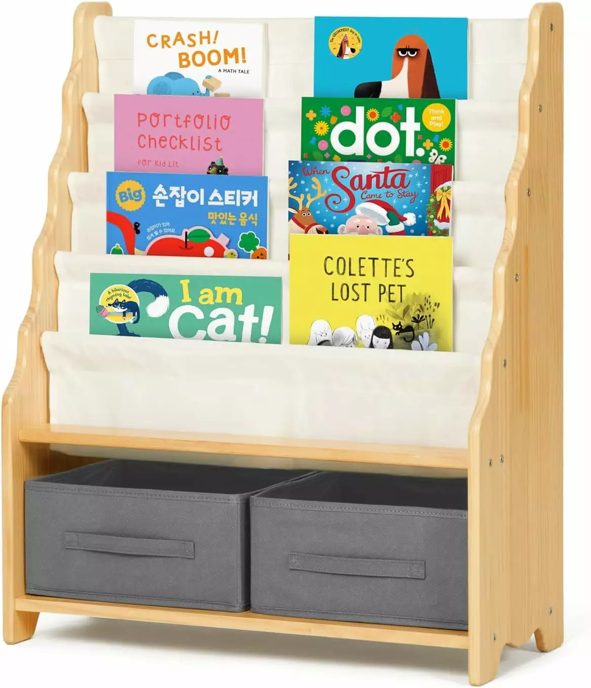 Solid Wooden Bookshelf Kids - 4 Sling Shelves and 2 Toy Organizer Shelves Q&Q