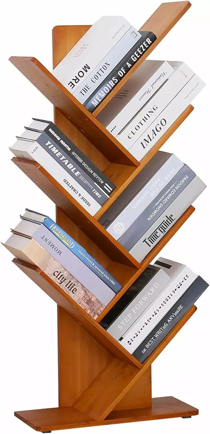 7 Shelf Tree Bookshelf Bamboo Wood Bookcase Book Rack Storage Shelves Living Room Home Office Kid's Room Oak Red SAILE