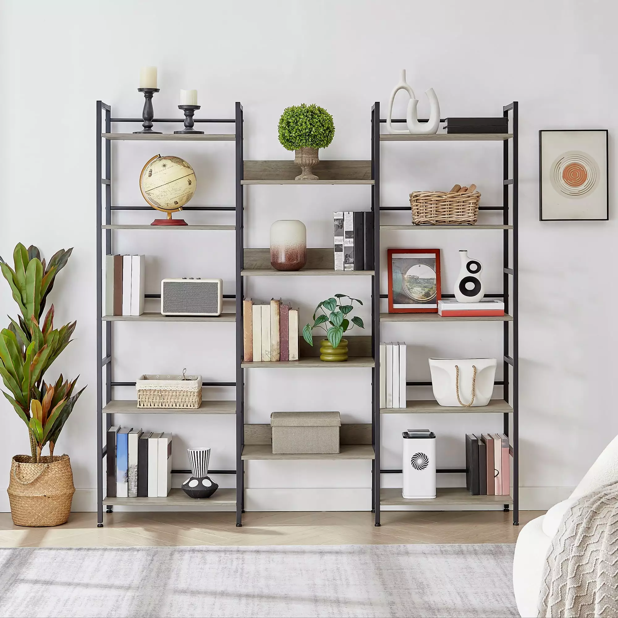 5-Tier Industrial Retro Wooden Bookshelf Metal Frame and Adjustable Feet Living Room Bedroom Home Office SEALODY