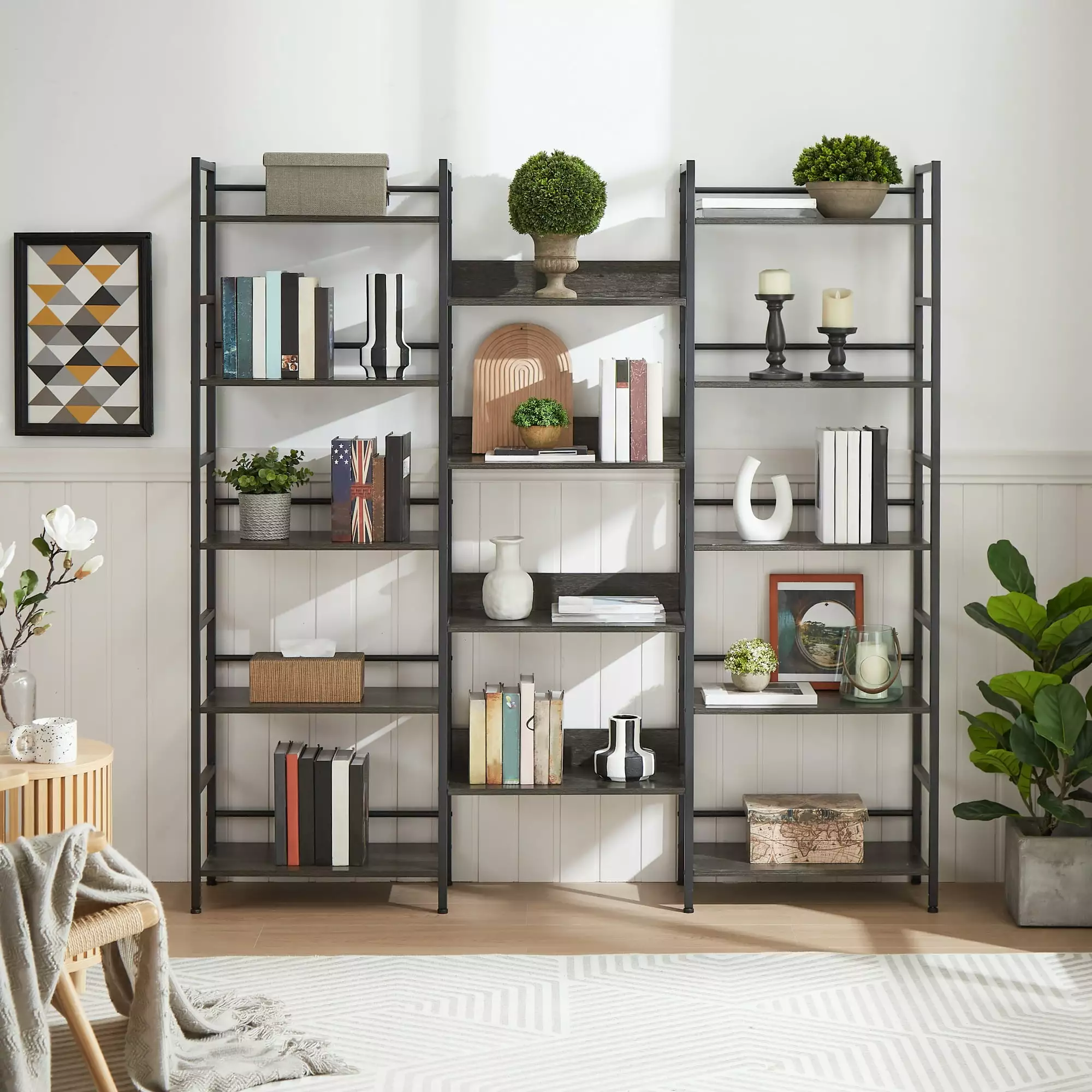 5-Tier Industrial Retro Wooden Bookshelf Metal Frame and Adjustable Feet Living Room Bedroom Home Office SEALODY