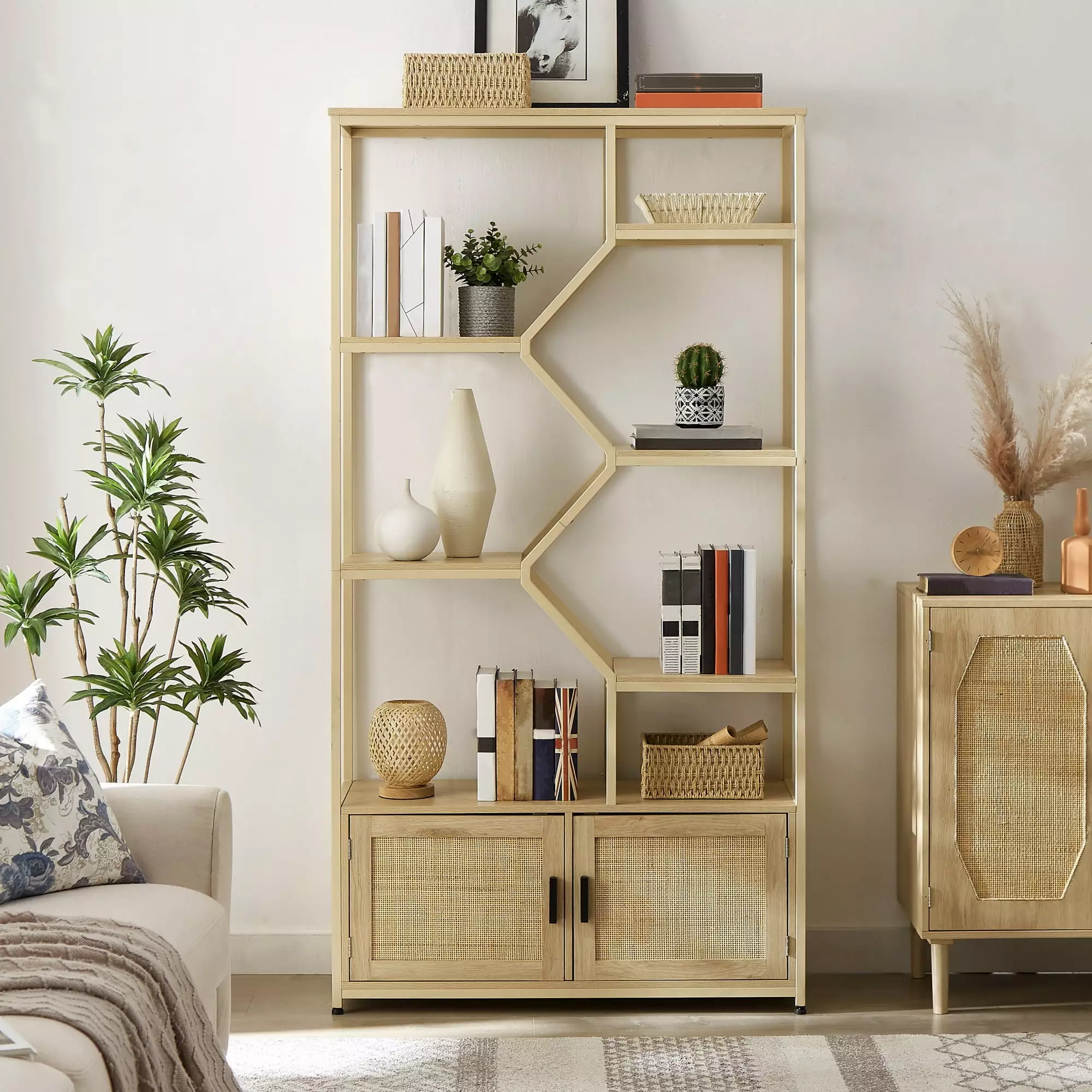 75.6 Rattan Bookshelf Modern Standalone Storage Rack 1 Cabinet and 7 Open Shelves Adjustable Foot Pads Study Living Room O...