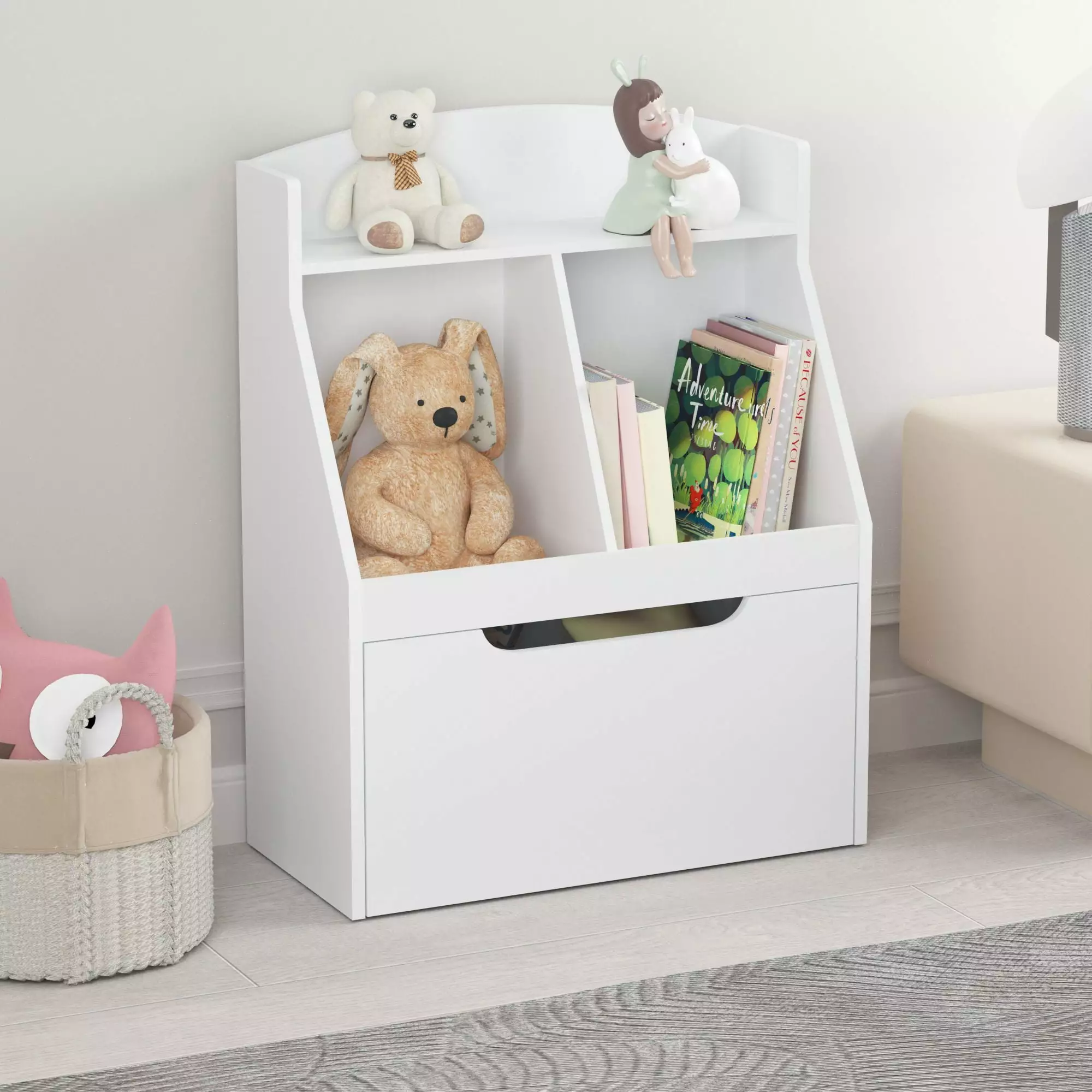 Sesslife Bookshelf Kids Compartments Sliding Storage Drawers and Wheels Toy Organizer White