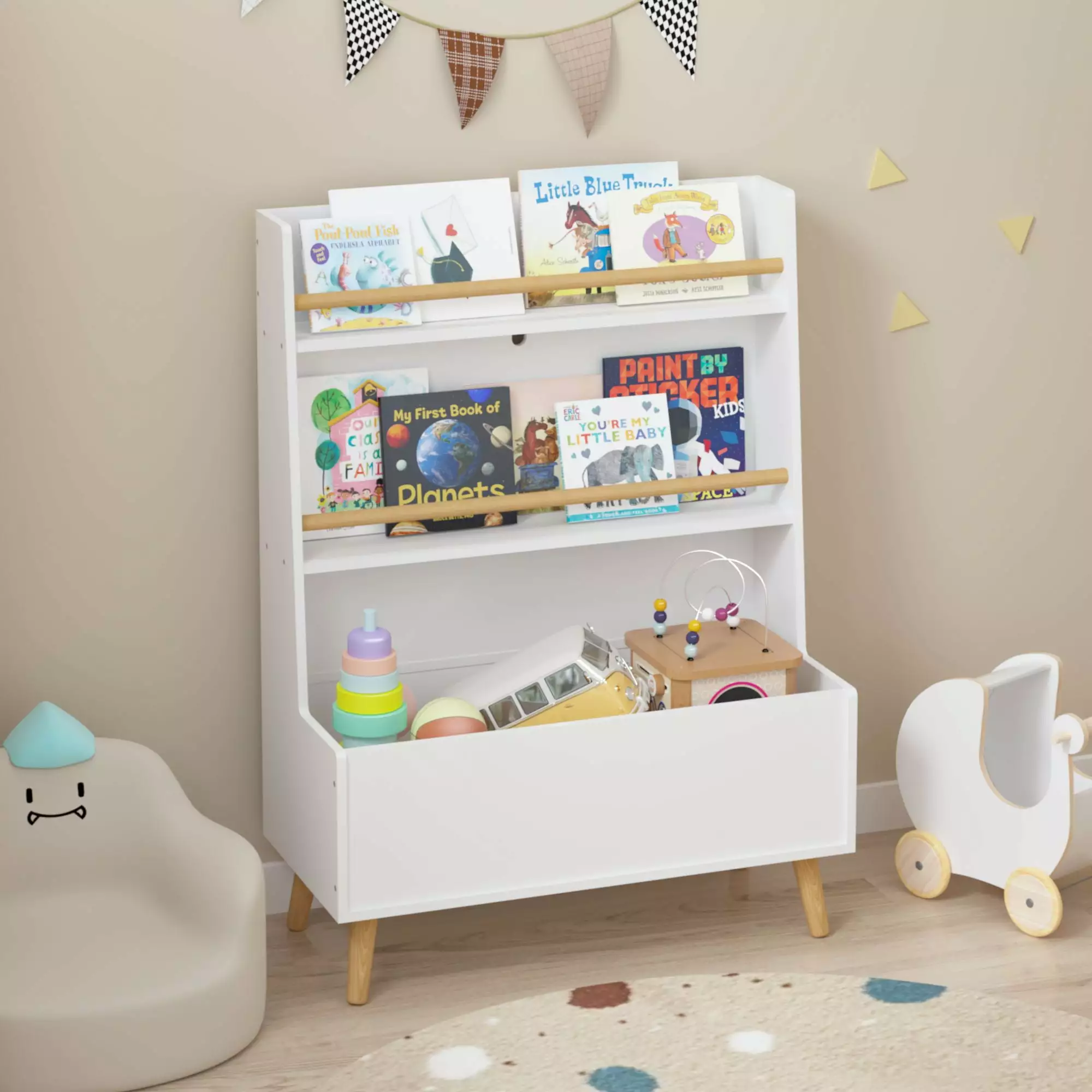Sesslife Kids Bookcase 2-Tier Display Stand and Storage Cabinet Boys Girls White