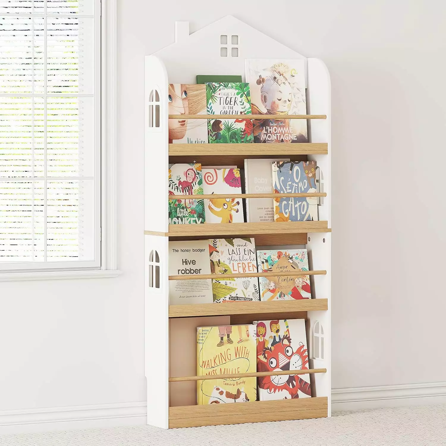 STAROUS Kids Bookshelf Wall Mounted 4-Tier Book Shelf Organizer Tall Wooden Children's Bookcase