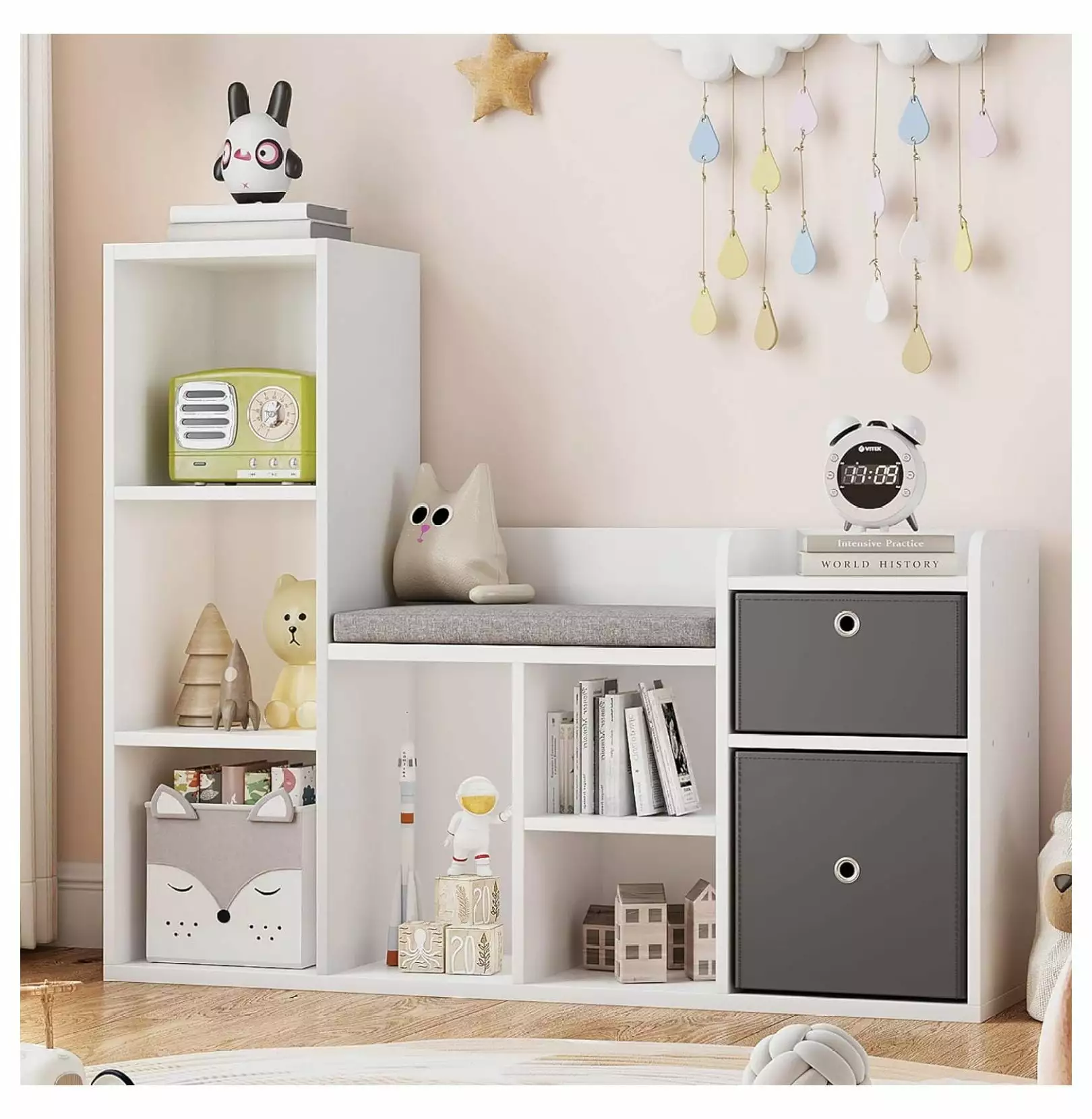 Superwum Kids Bookshelf 44.1in Width Toy Storage Organizer Reading Nook White Bookcase Seat Cushion