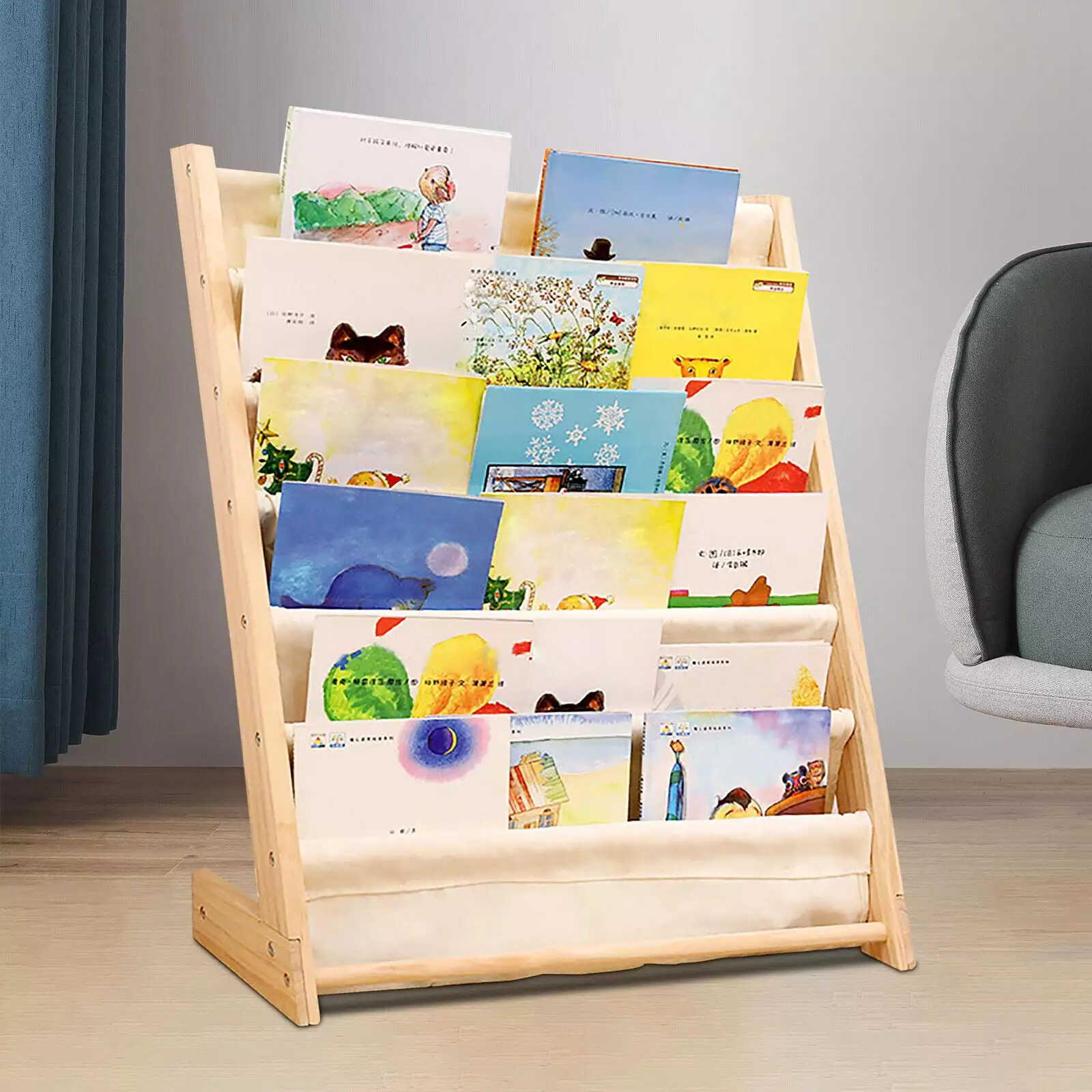 6-Tier Wooden Bookshelf Kids Tidy Organizer Beige Canvas Children Book Storage Rack TFCFL