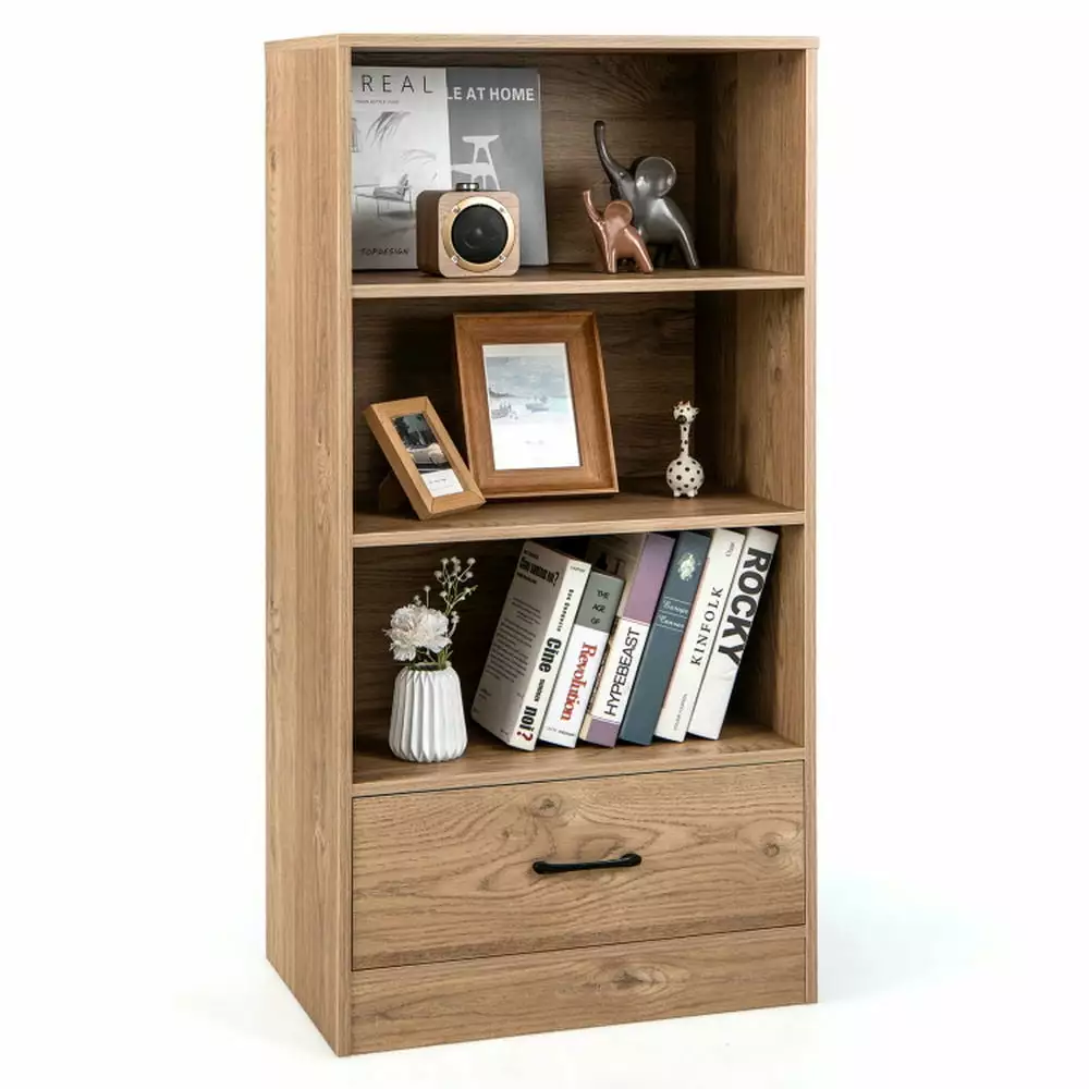 Topcobe 4-Tier Storage Bookcase Open Shelves Drawer and Anti-toppling Device Corner Storage Organizer Bedroom Home Office ...