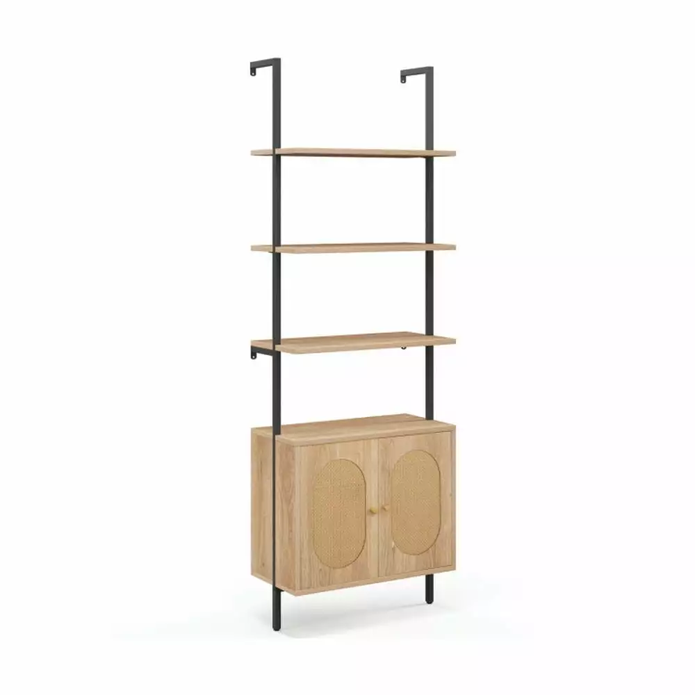 Topcobe 71 6-Tier Wall Mounted Ladder Bookshelf Rattan Cabinet Corner Bookshelf Modern Book Case Books CDs Movies Natural