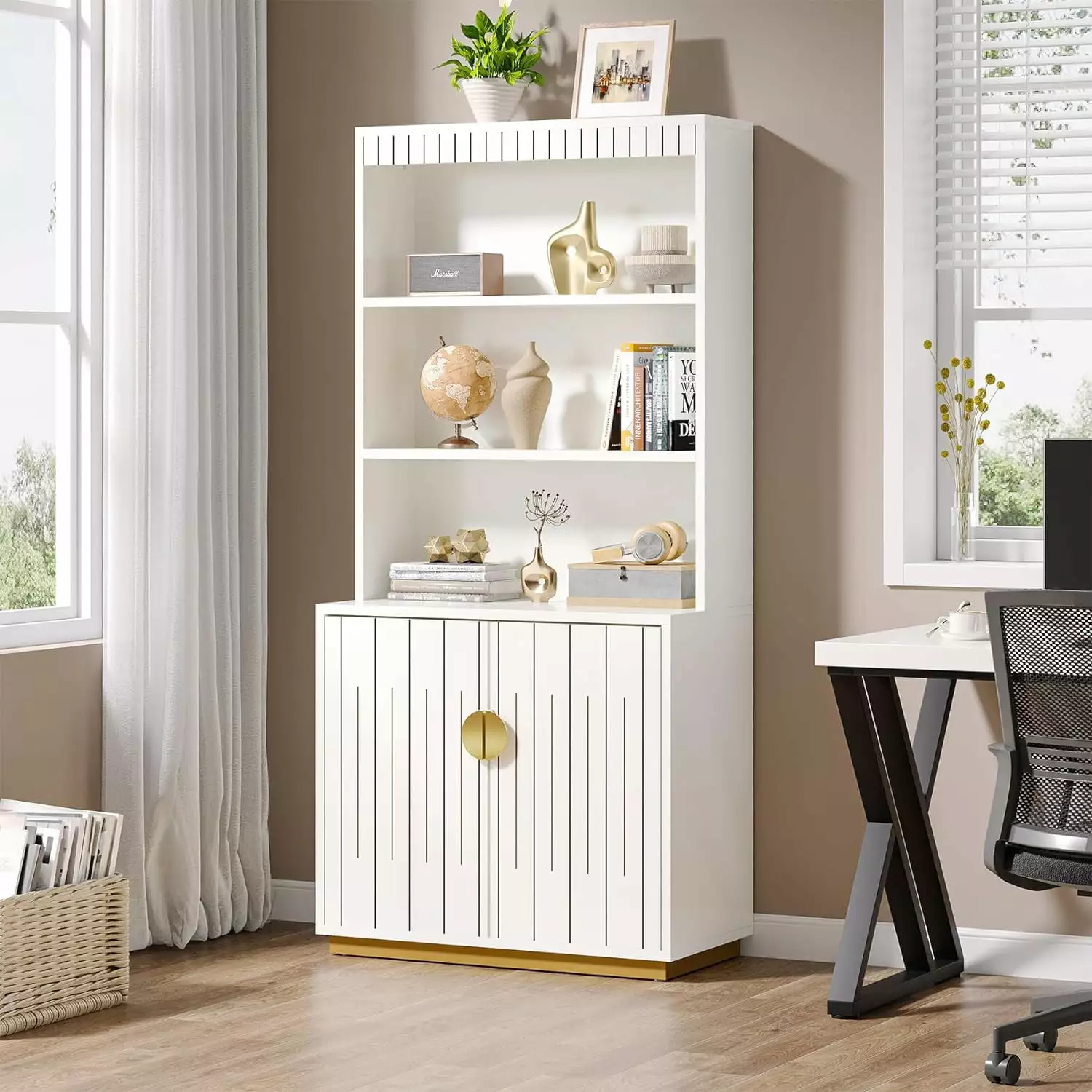 Tribesigns 67 Inch Tall White Bookcase Doors Modern 5 Tier Wooden Bookshelf Home Office