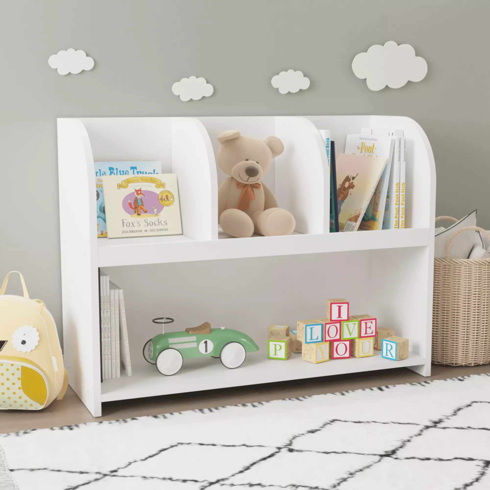 UHOMEPRO Bookcase 4 Compartments - Kids Bookshelf and Toy Storage Organizer White