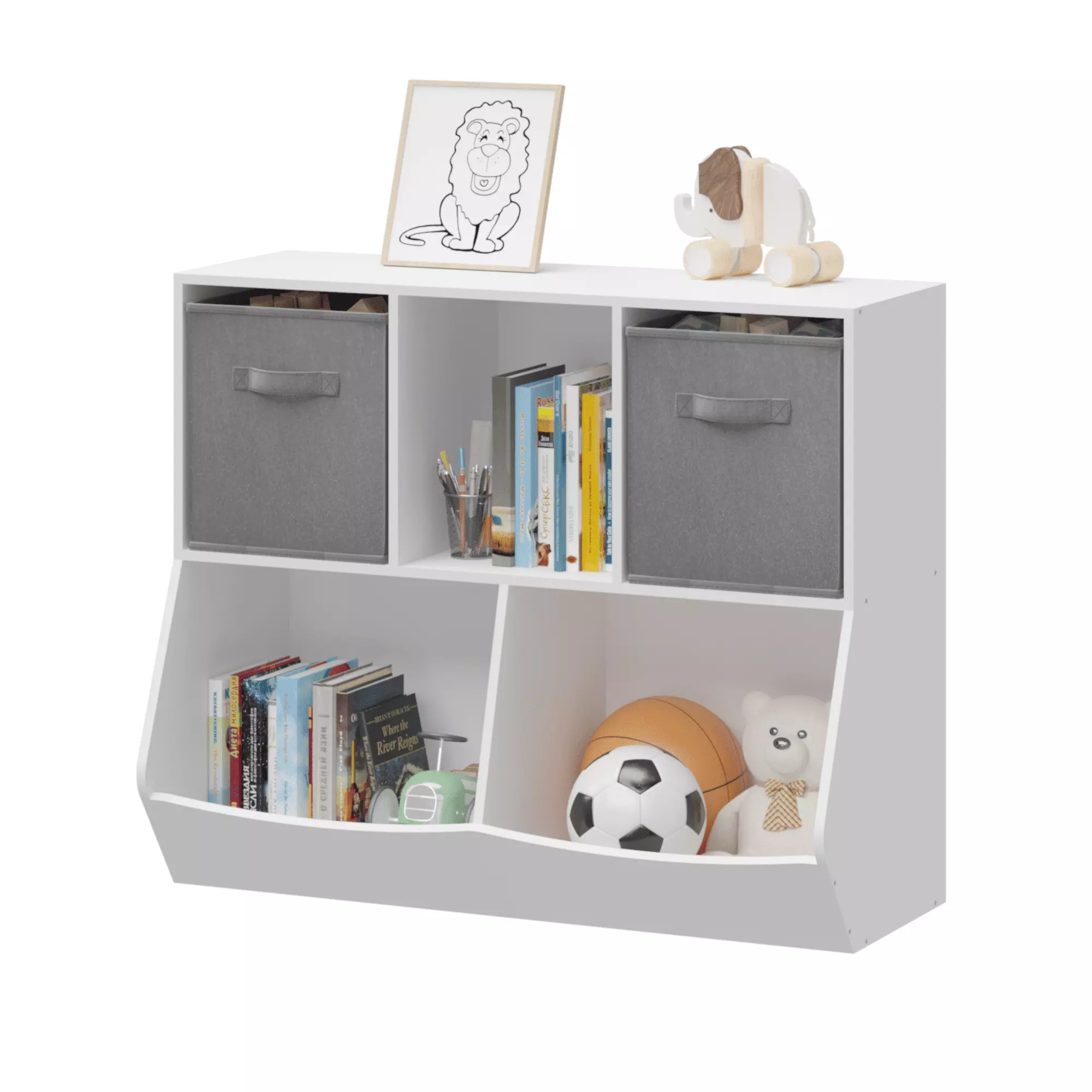 Kids Wooden Bookcase Collapsible Fabric Drawers Toy Storage Cabinet White Gray Unbrand