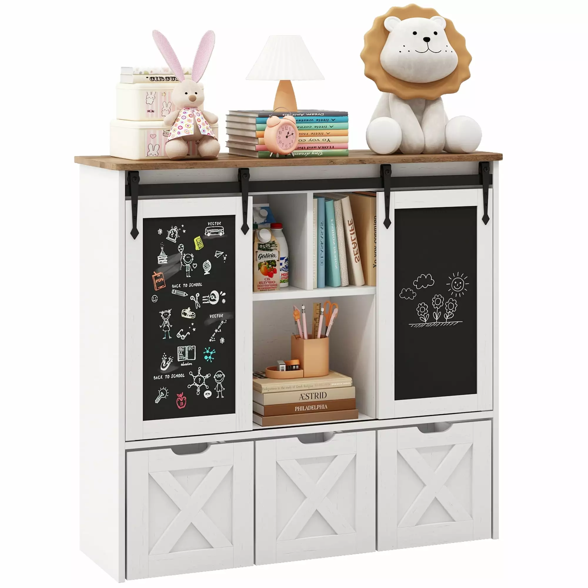 Vabches Toy Storage Organizer 3 Drawers Kids Bookcase Sliding Blackboard Storage Cabinet White