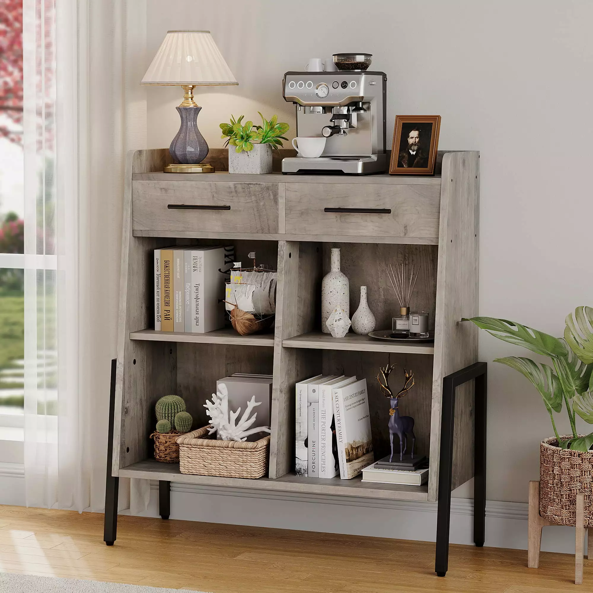 WhizMax Bookcase 3 Tier Bookshelf Drawers Horizontal Storage Shelves 4 Cube Organizer