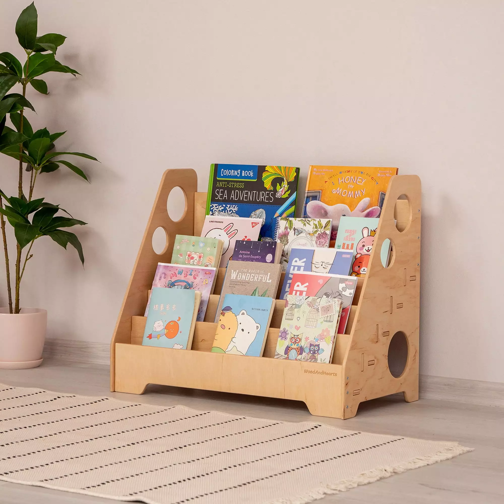Woodandhearts Floor Kids Bookshelf Montessori Toddler Wood Bookcase Kids 1-6 Years