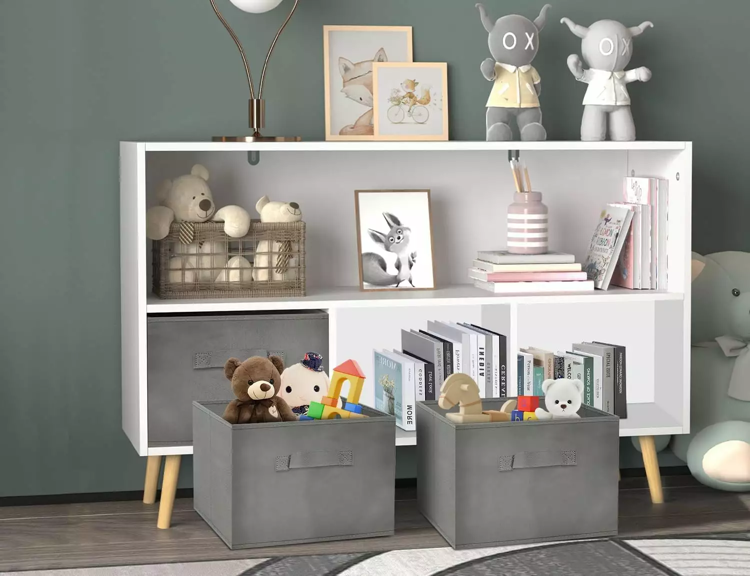 Small White 2-Tier Modern Kids Bookcase 5 Cube Storage and 3 Dressers Grey WRP