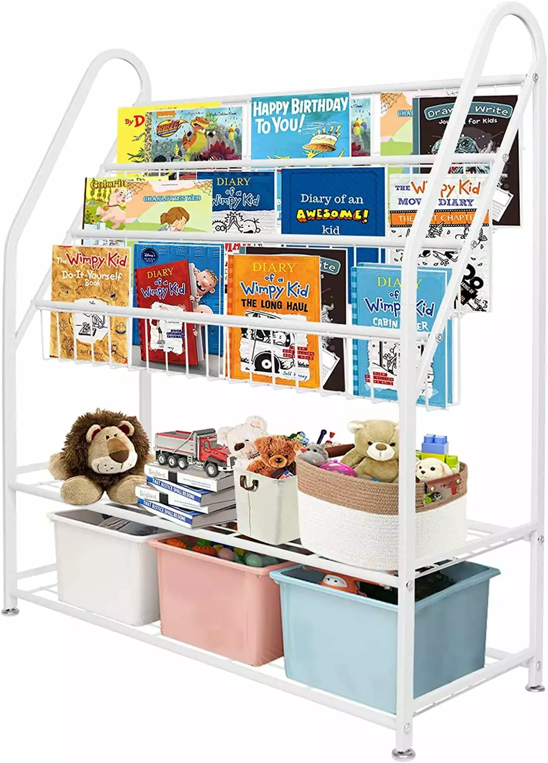 Metal Kids Bookshelf Freestanding Bookcase Children Room 32 Large Toy Organizer Modern Minimalist White WW