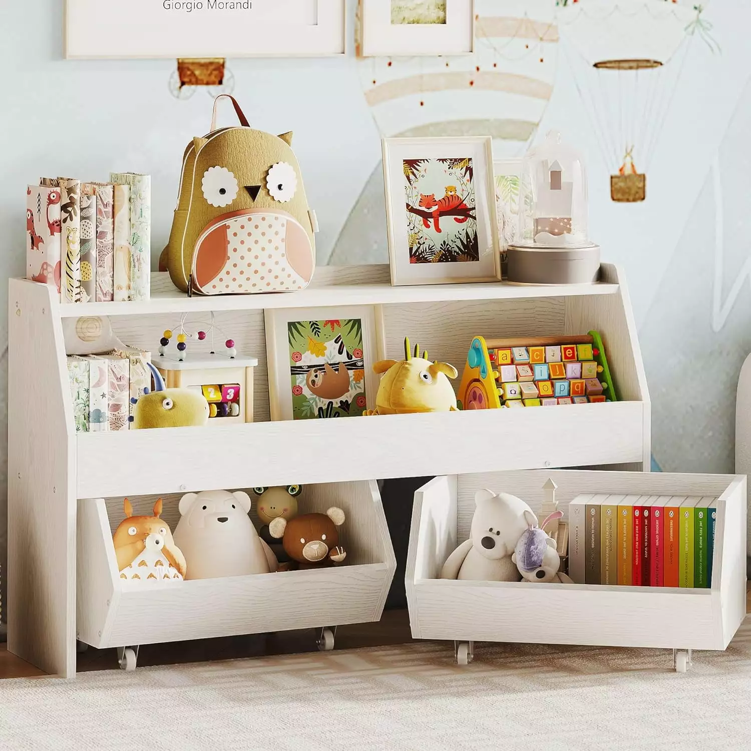 Toy Storage Organizer Kids Cabinet Drawers Bookshelf Wheels White XIAOKING