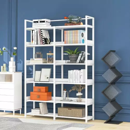 YAFENG 70.8 Inch Tall Bookshelf 6-Tier Shelves Back and Side Panel Adjustable Foot Pads White