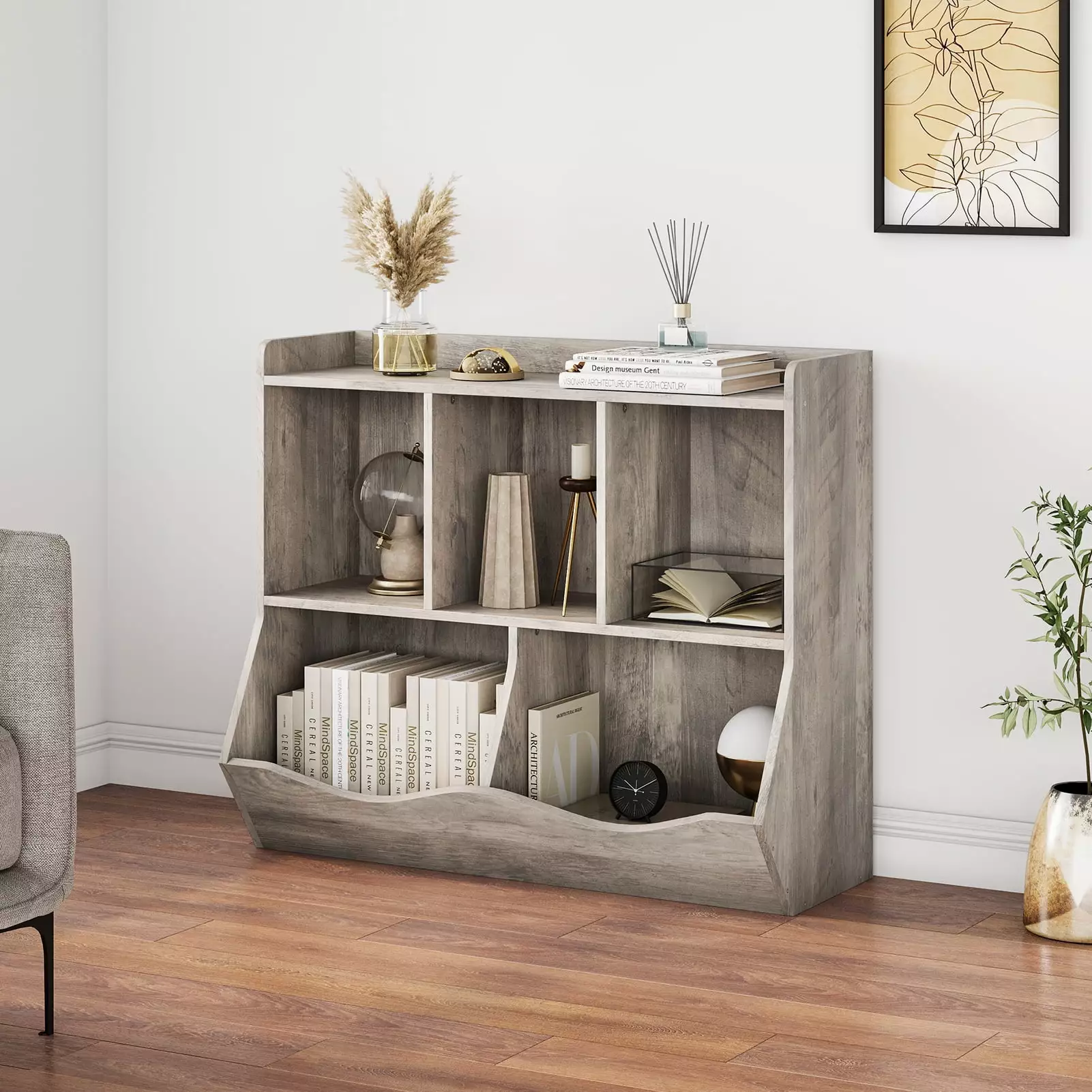Yartaka Kids Bookshelf Toy Storage Multi Shelf Cubby Organizer Cabinet Grey