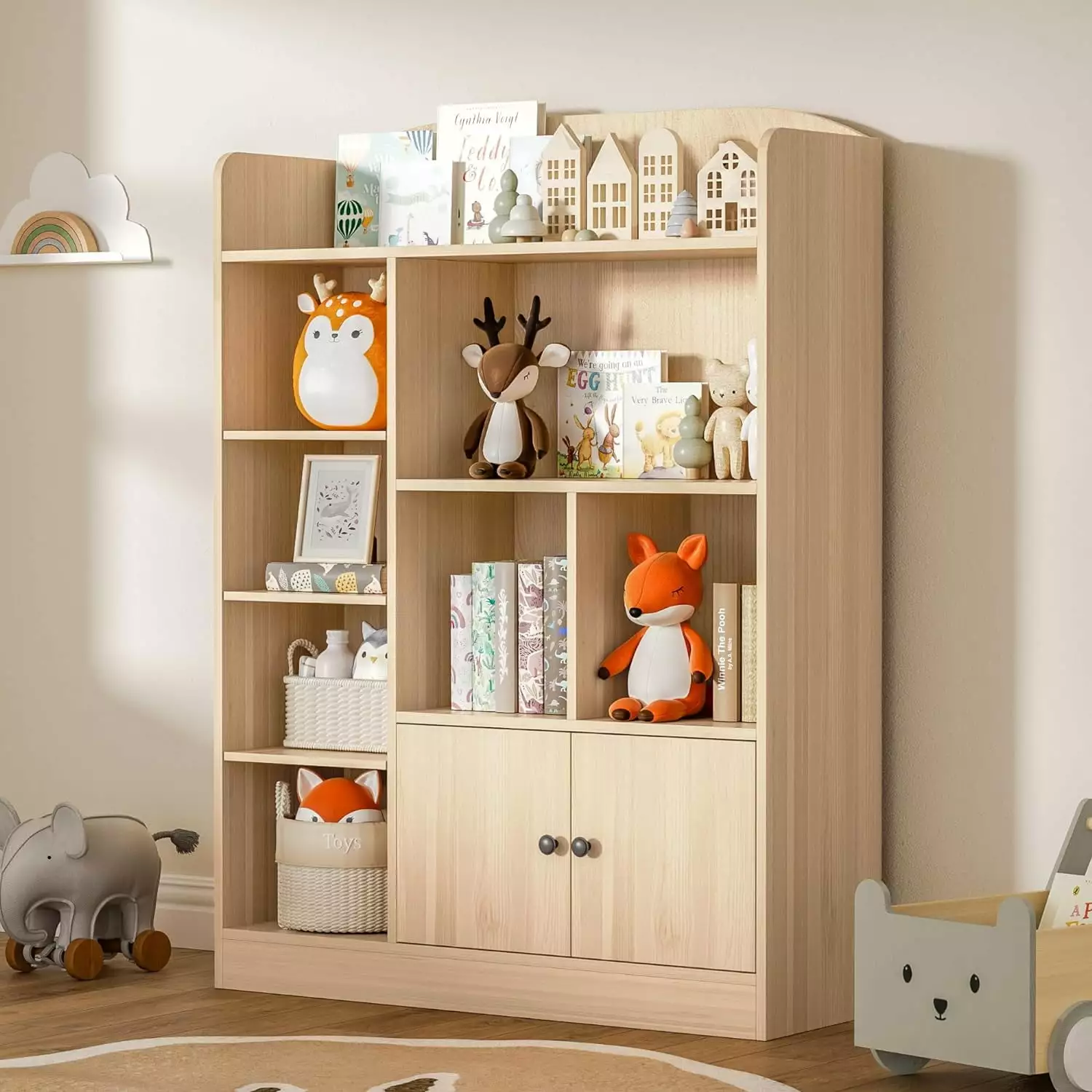 Oak Kids Bookshelf Bookcase 7 Cubbies and 2 Cabinets Freestanding Book Storage Shelves Bedroom Playroom YOJFOTOOU
