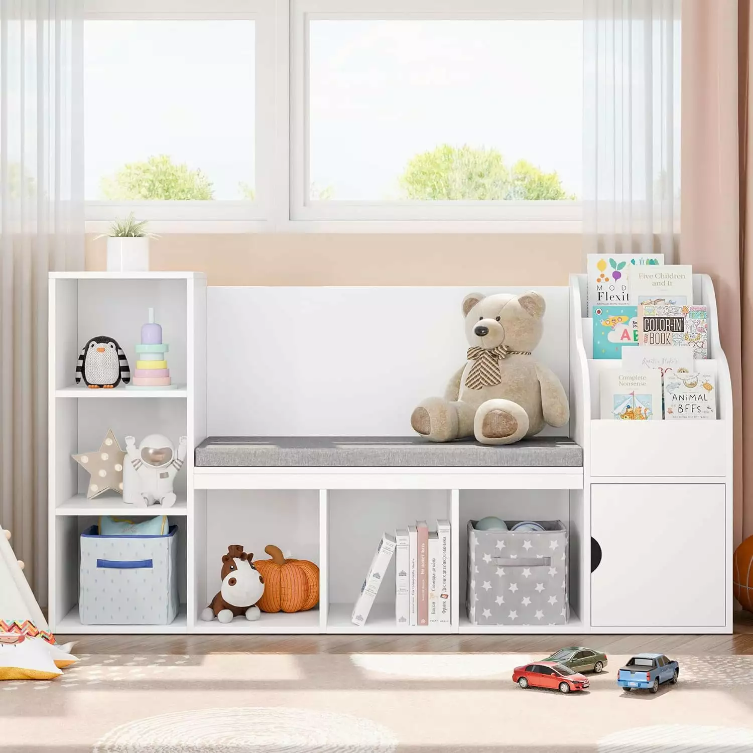 Kids Bookshelf Reading Nook Toddler Bookcase Bench Seat Cushion and 7 Storage Cubbies White YoJoFHM