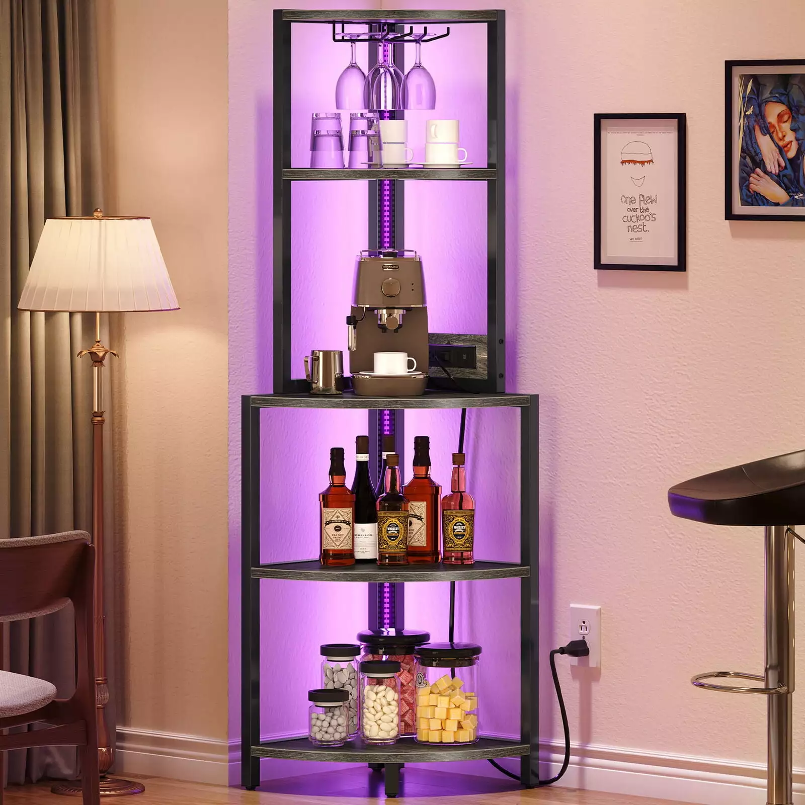 5-Tier Corner Shelf LED Light Power Outlets Bookcase Storage Display Rack Home Office ZGBY Home Products