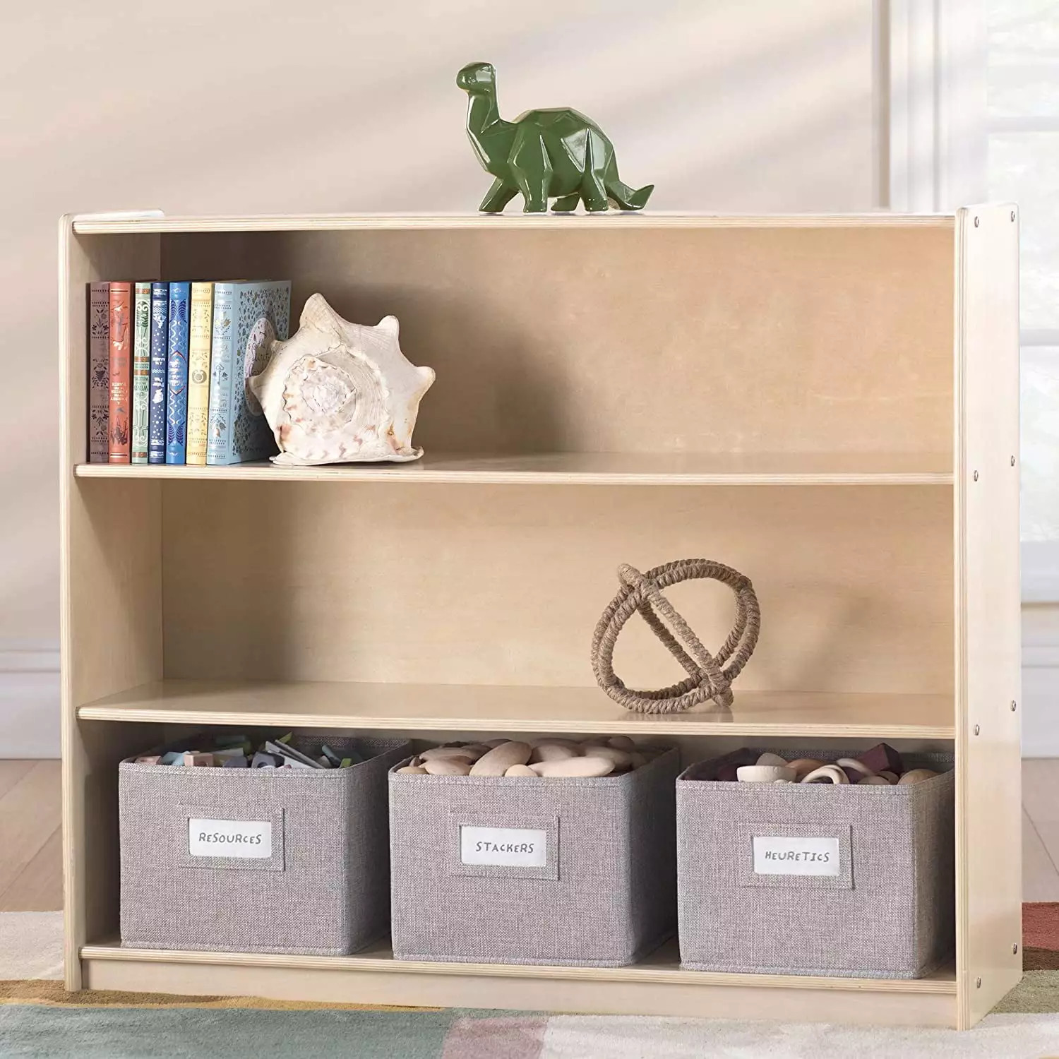 ZHIBING EdQ Three Shelf Open Storage Natural 3 Fabric Bins Wooden Kids Bookcases Toy Storage Organizer