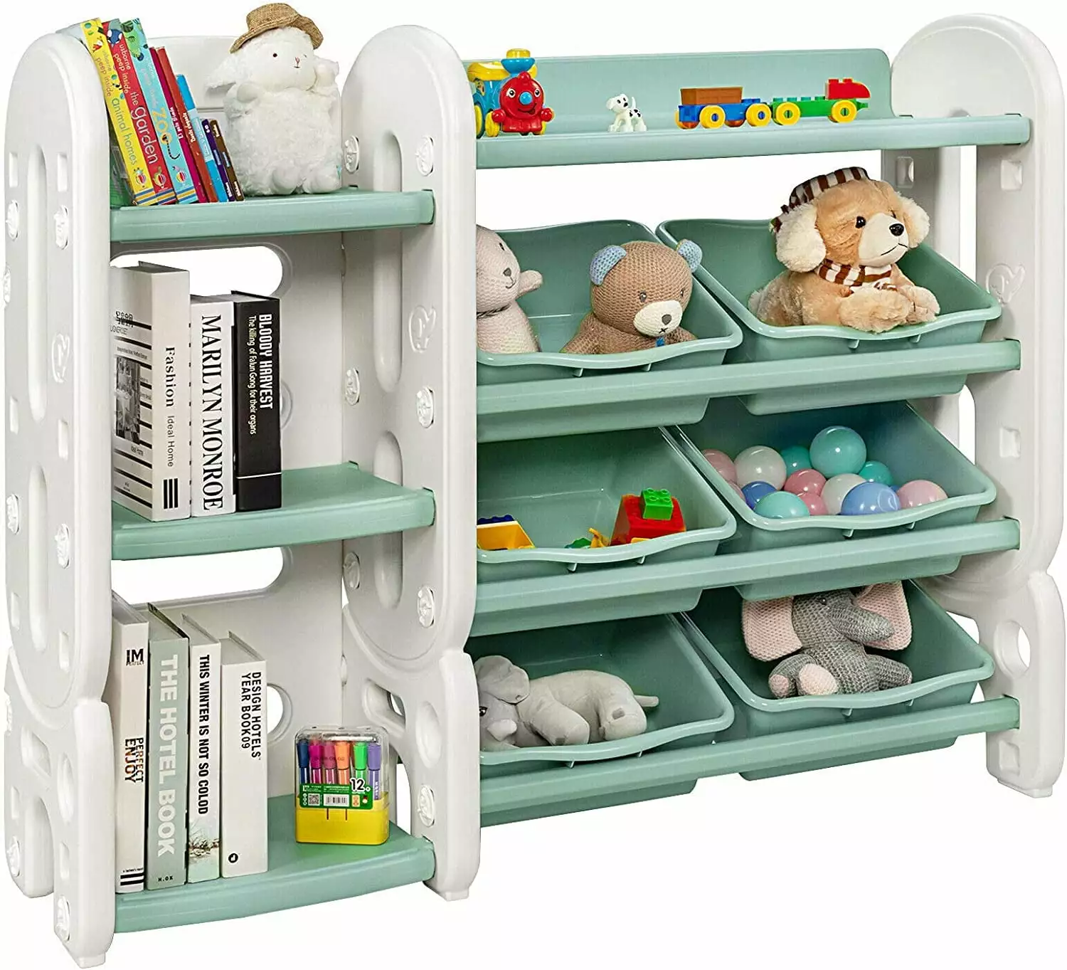 ZHIBING Kids Bookshelf Green 4-Tier Shelf 6 Removable Bins Toy Organizer Playroom