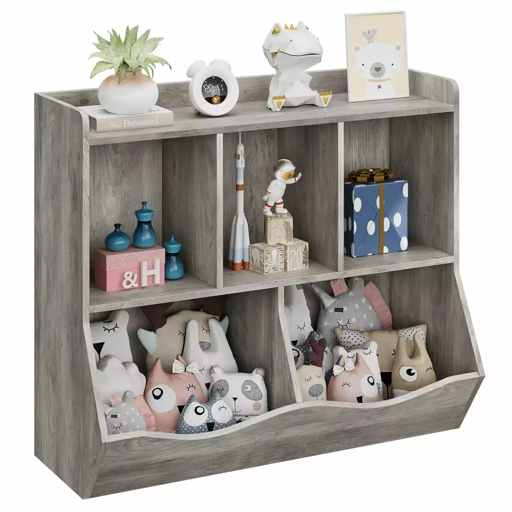 Gray Kids Wood Bookshelf 2 Tier Multi Shelf and Cubby Cabinet Toy Storage Zzistar