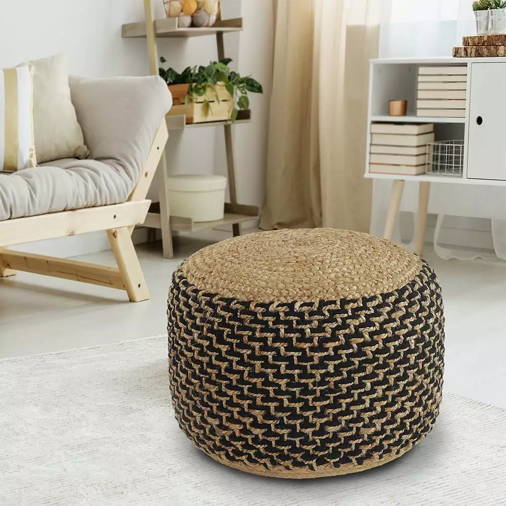 LR Home Small Braided Geometric Indoor Cylinder Pouf Natural Black 18 x 18 x 12 Accent Footrest
