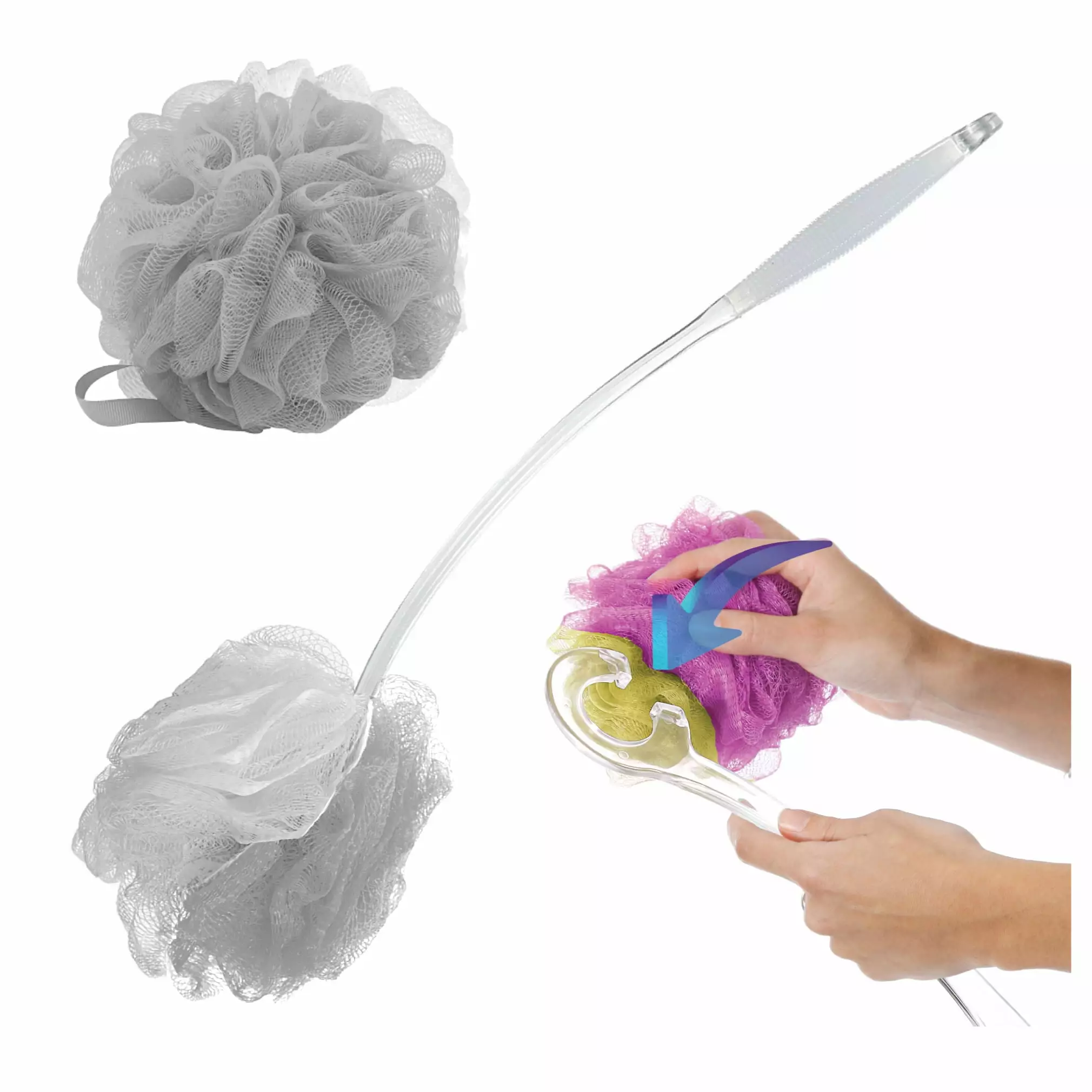 Aquasentials EZ Switch Pouf Brush Reusable Eco Handle Long Handle 2 Grey Poufs