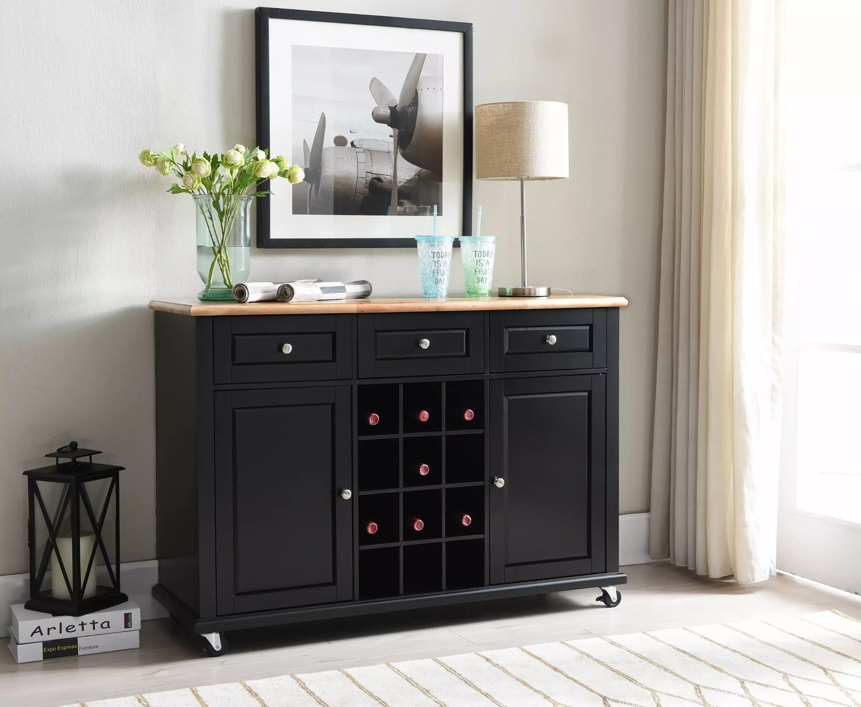 Kings Brand Furniture Black Wine Rack Sideboard Buffet Console Table Storage Console