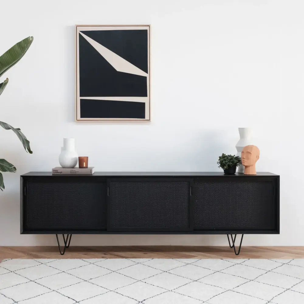 Rattan black Sideboard Reed doors - Oskar - 220 cm