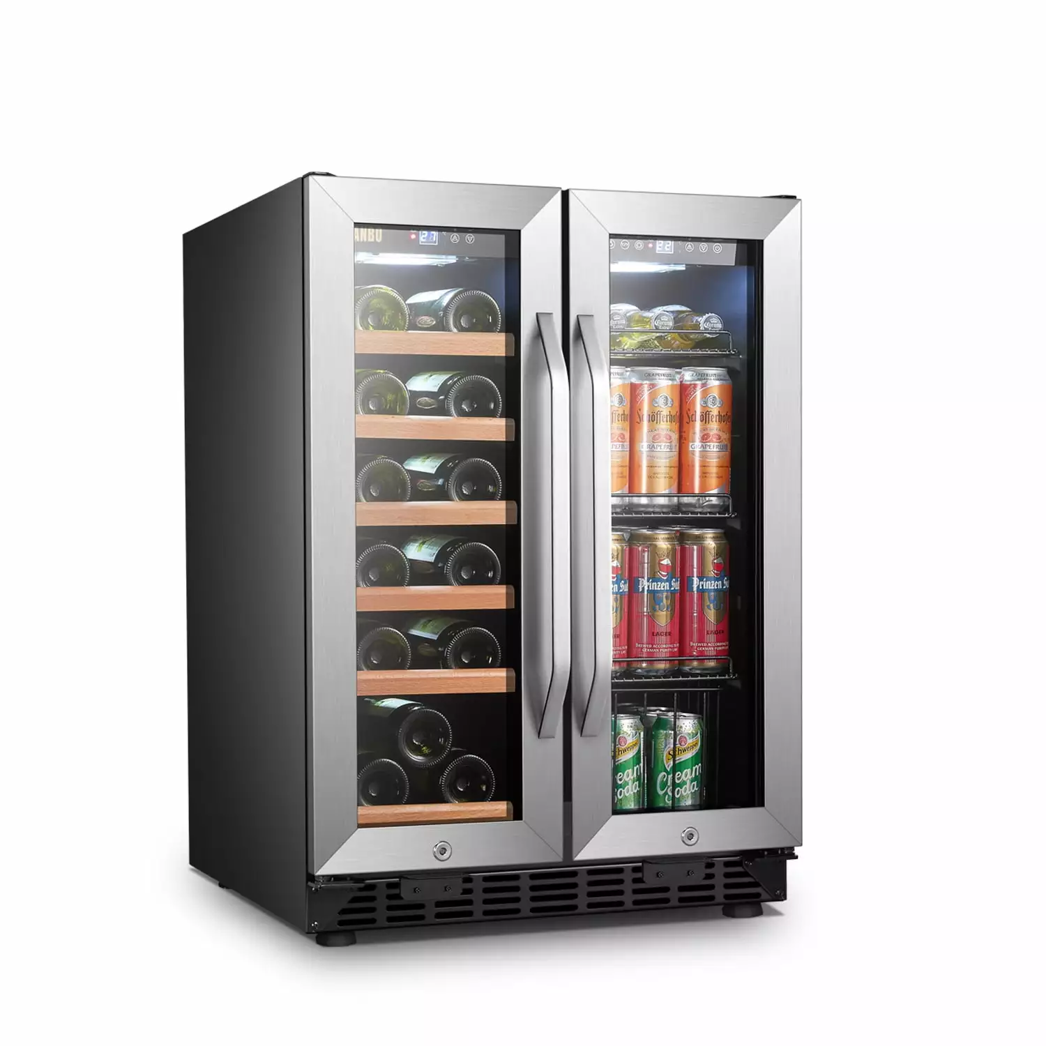 Lanbo 24 inch 18 Bottle 55 Cans Under Counter Dual Zone Wine Cooler Beverage Refrigerator