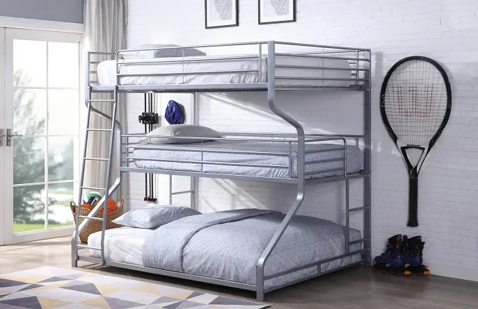 Caius II Silver Bunk Bed Triple Full Twin Queen Convertible Bed Frame