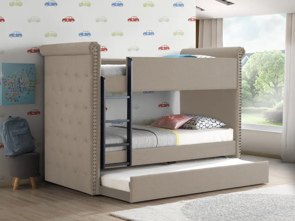 Romana II Beige Fabric Bunk Bed & Trundle (Twin/Twin) - Space-Saving Kids Bedroom Set