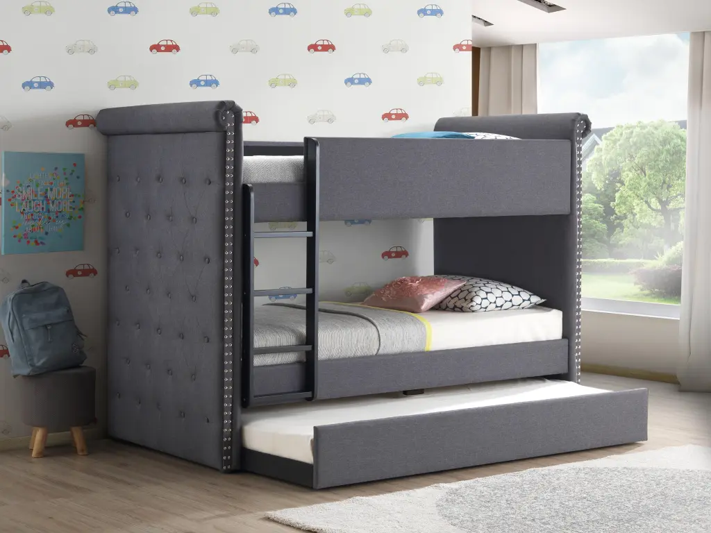 Romana II Gray Fabric Bunk Bed & Trundle (Twin/Twin) - Modern Bunk Bed Children