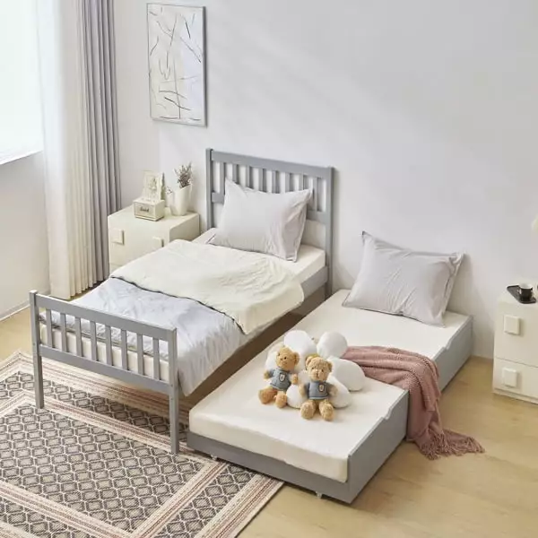 Single Bunk Bed Drag Bed Gray Twin Wooden Bed Pine Particle Board YTTX